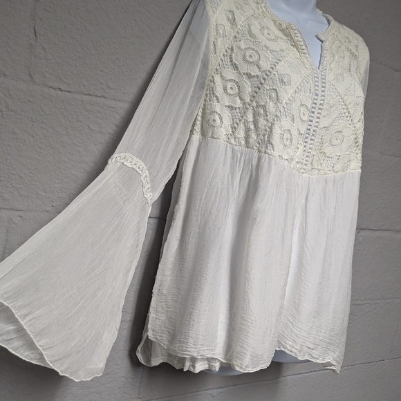Bellambra white sheer silk blouse fairy sleeves lace bodice size L ethereal - Picture 5 of 14